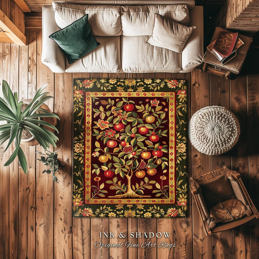 Pomegranate Tree Medieval Rug | Fruitful Aesthetic Living Room Moroccan Home Decor Rustic Housewarming Gift Cottagecore Nature Bedroom |