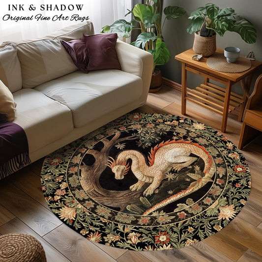 Dragon Lover Round Area Rug | Medieval Folklore Room Decor Fairytale Inspired DnD Gift Dark Cottagecore Fairycore Mystical Game Room Accent