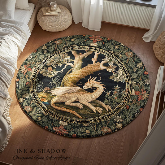 Dark Medieval Dragon Aesthetic Round Area Rug | Folklore Room Decor Fairytale Inspired DnD Gift Dark Cottagecore Fairycore Game Room Decor
