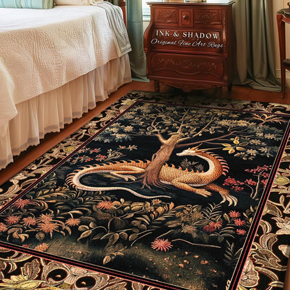 Ancient Dragon Art Area Rug Mystical Enchanting Forest Decor | Antique Baroque Aesthetic Academia Dark Fantasy Ethereal Rug Folklore Home
