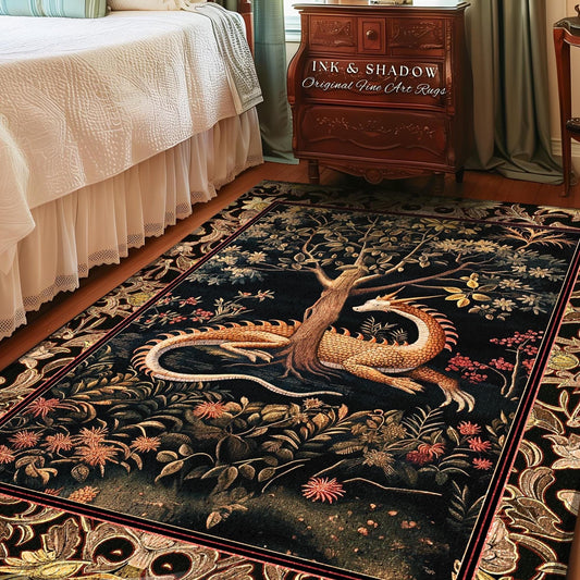Ancient Dragon Art Area Rug Mystical Enchanting Forest Decor | Antique Baroque Aesthetic Academia Dark Fantasy Ethereal Rug Folklore Home