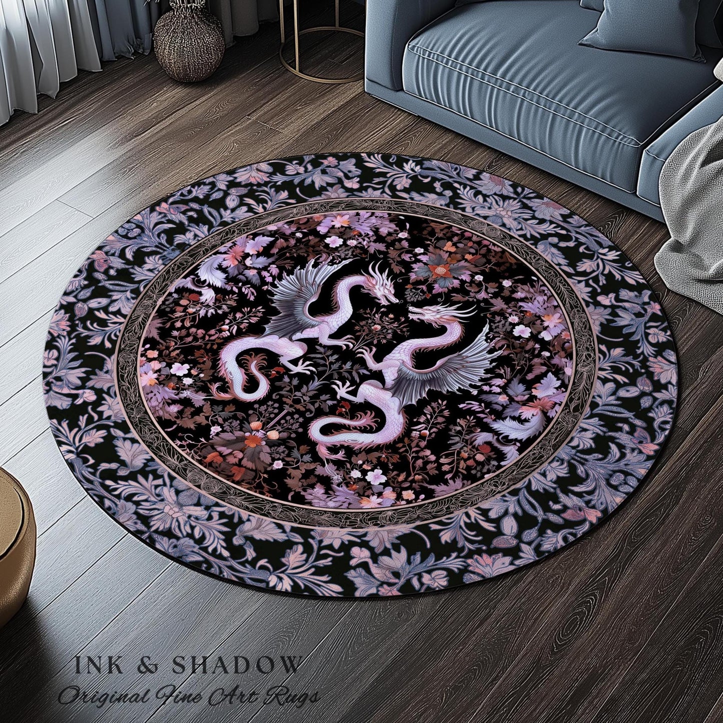 Pastel Gothic Fantasy Dragon Round Rug | Medieval Aesthetic Chinese Dragon Home Acceent Lavender Purple Decor Whimsigothic Dark Academia |