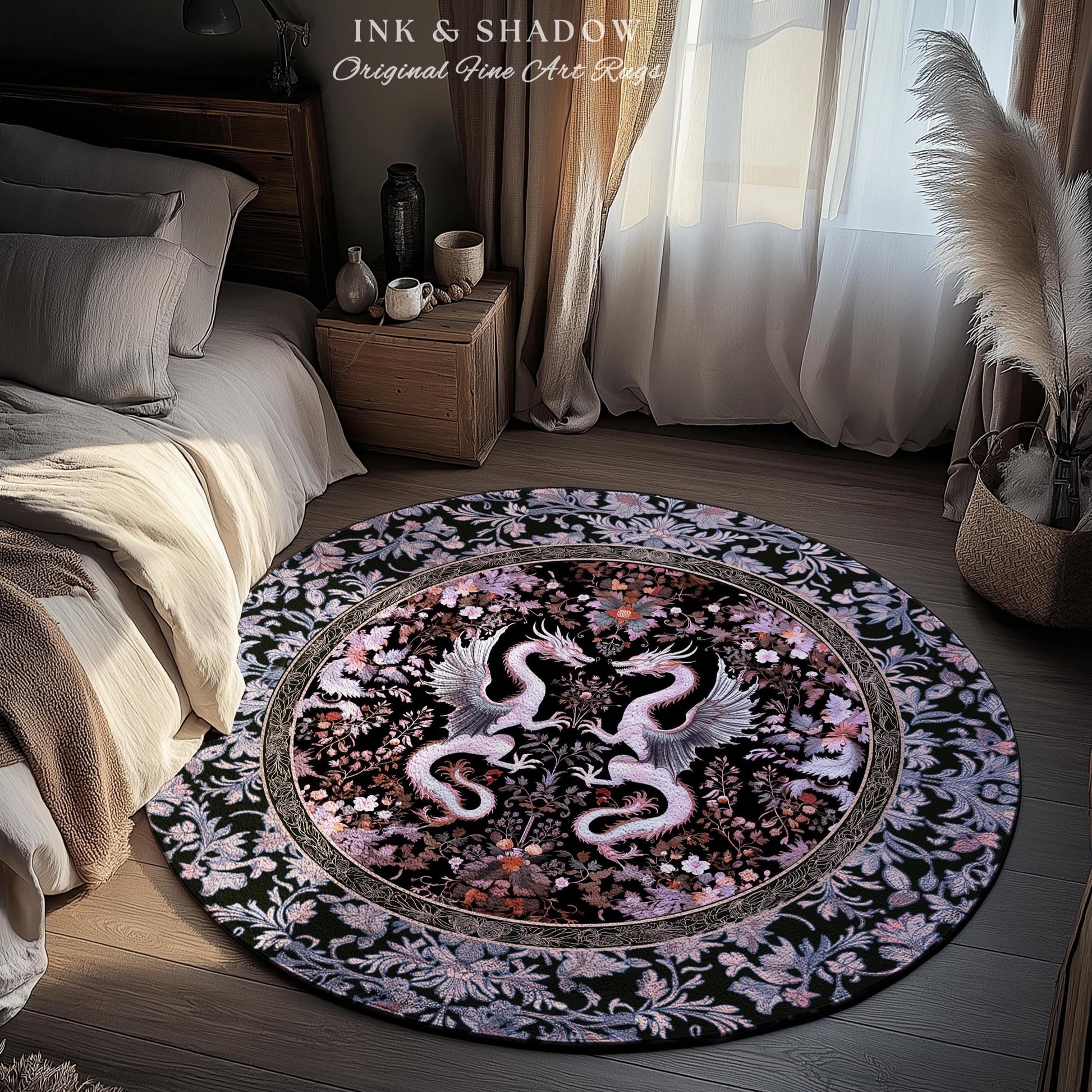 Pastel Gothic Fantasy Dragon Round Rug | Medieval Aesthetic Chinese Dragon Home Acceent Lavender Purple Decor Whimsigothic Dark Academia |
