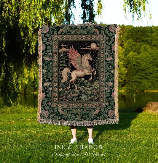 Verdant Landscape Celestial Unicorn Blanket | Fairytale Forest Decor Castlecore Maximalist Romantic Baroque Pegasus Fantasy Woven Tapestry |