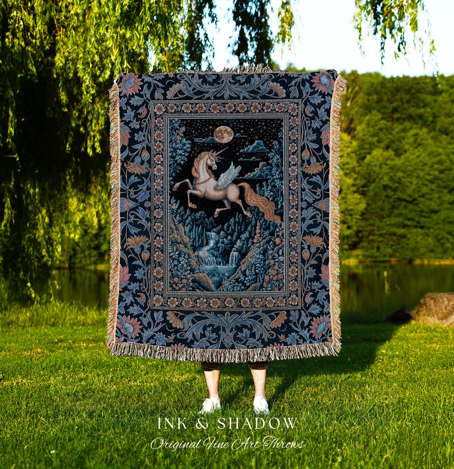 Moody Fantasy Mystic Pegasus Blanket | Enchanted Forest Landscape Midnight Sky Unicorn Decor Regal Baroque Fairytale Woven Tapestry Romantic