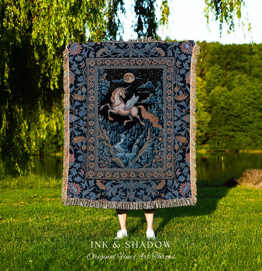 Moody Fantasy Mystic Pegasus Blanket | Enchanted Forest Landscape Midnight Sky Unicorn Decor Regal Baroque Fairytale Woven Tapestry Romantic