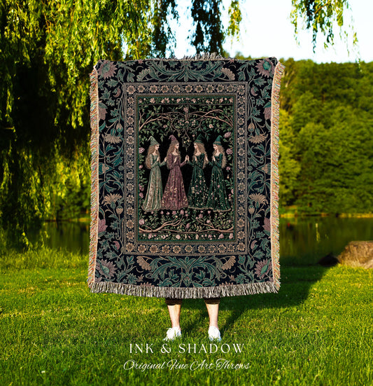 Storybook Aesthetic Witch Woven Tapestry | Whimsical Crowcore Arcane Gothic Forest Maiden Medieval Enchanted Magic Throw Blanket Botanical
