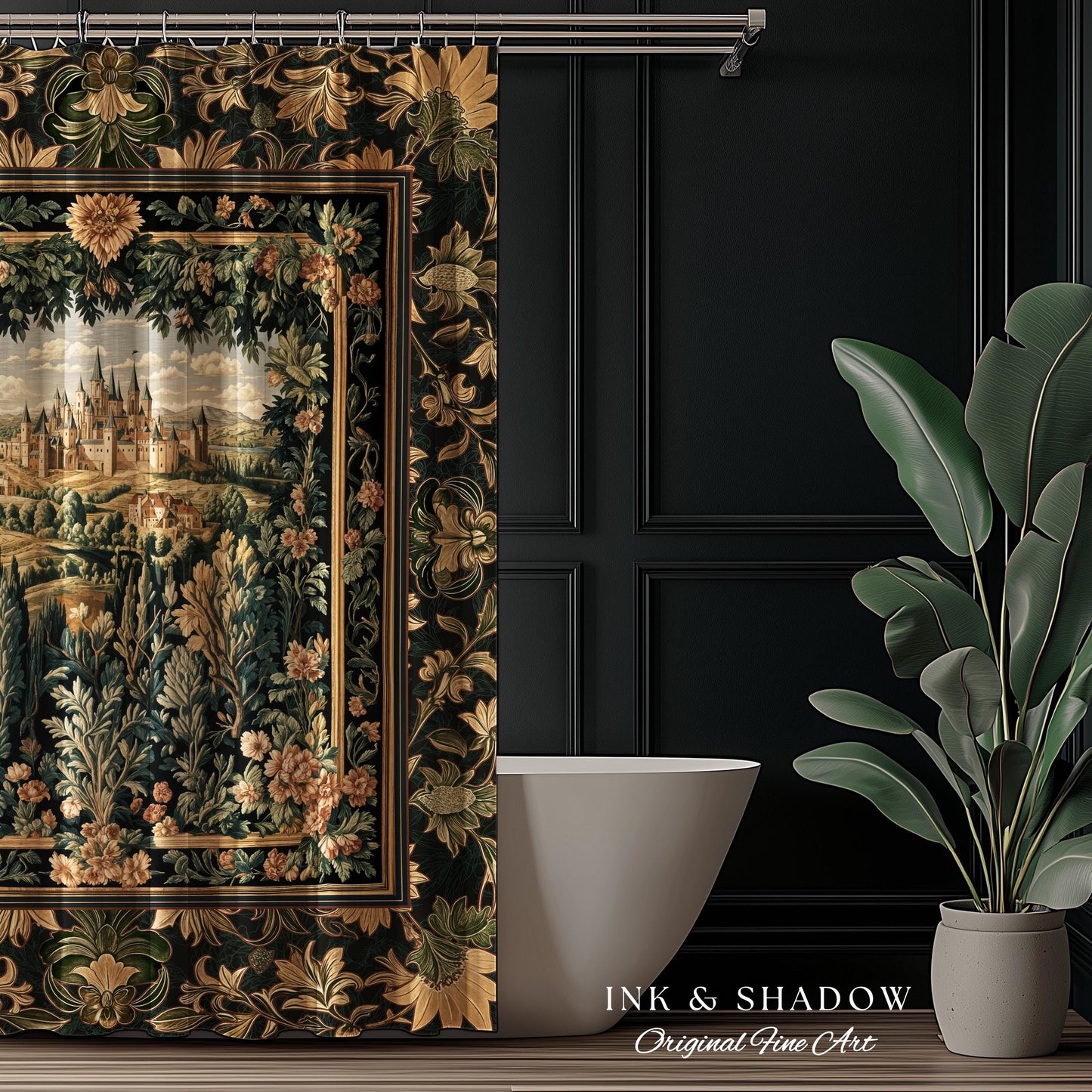 Dark Academia Victorian Royal Shower Curtain | Fantasy Bathroom Decor Woodland Princess Medieval Rustic Floral Landscape Coquette Maximalist