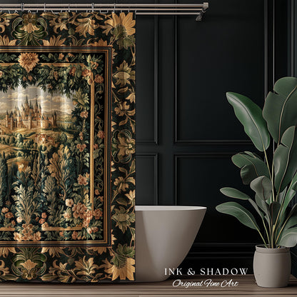 Dark Academia Victorian Royal Shower Curtain | Fantasy Bathroom Decor Woodland Princess Medieval Rustic Floral Landscape Coquette Maximalist