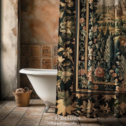 Dark Academia Victorian Royal Shower Curtain | Fantasy Bathroom Decor Woodland Princess Medieval Rustic Floral Landscape Coquette Maximalist