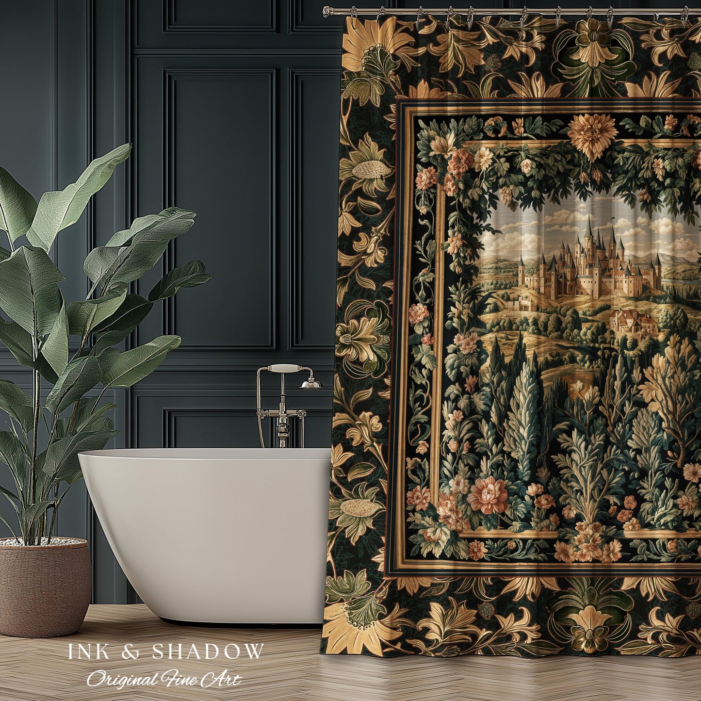 Dark Academia Victorian Royal Shower Curtain | Fantasy Bathroom Decor Woodland Princess Medieval Rustic Floral Landscape Coquette Maximalist