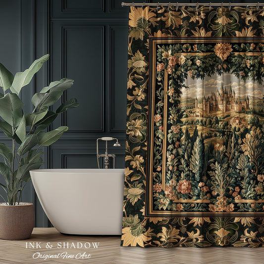 Dark Academia Victorian Royal Shower Curtain | Fantasy Bathroom Decor Woodland Princess Medieval Rustic Floral Landscape Coquette Maximalist