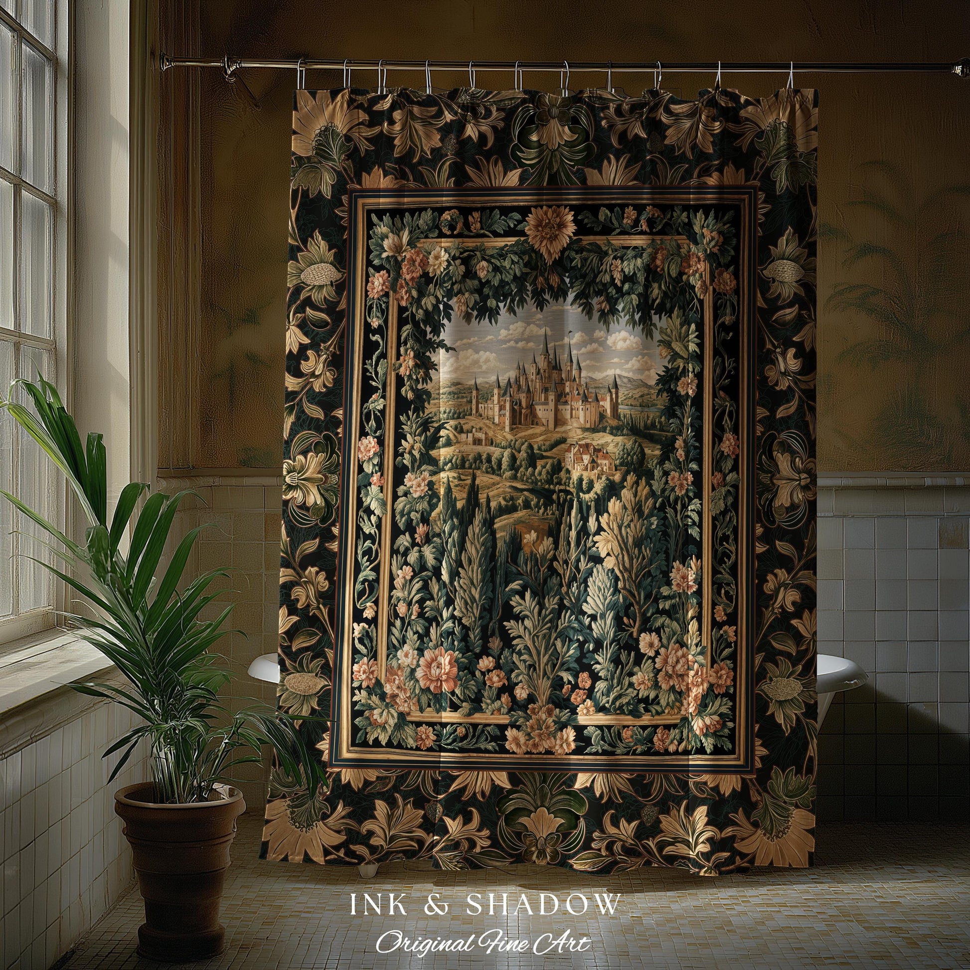 Dark Academia Victorian Royal Shower Curtain | Fantasy Bathroom Decor Woodland Princess Medieval Rustic Floral Landscape Coquette Maximalist
