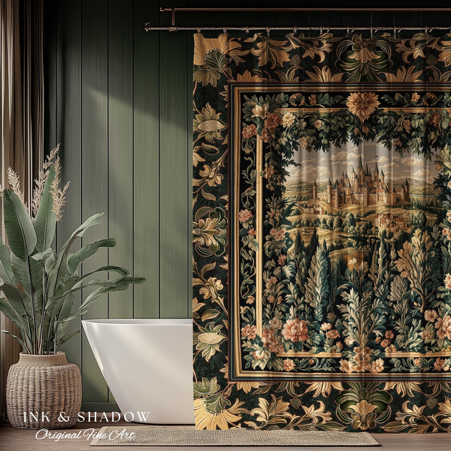 Dark Academia Victorian Royal Shower Curtain | Fantasy Bathroom Decor Woodland Princess Medieval Rustic Floral Landscape Coquette Maximalist