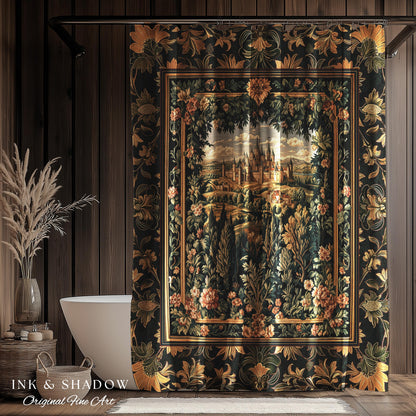 Dark Academia Victorian Royal Shower Curtain | Fantasy Bathroom Decor Woodland Princess Medieval Rustic Floral Landscape Coquette Maximalist