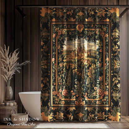 Dark Academia Victorian Royal Shower Curtain | Fantasy Bathroom Decor Woodland Princess Medieval Rustic Floral Landscape Coquette Maximalist