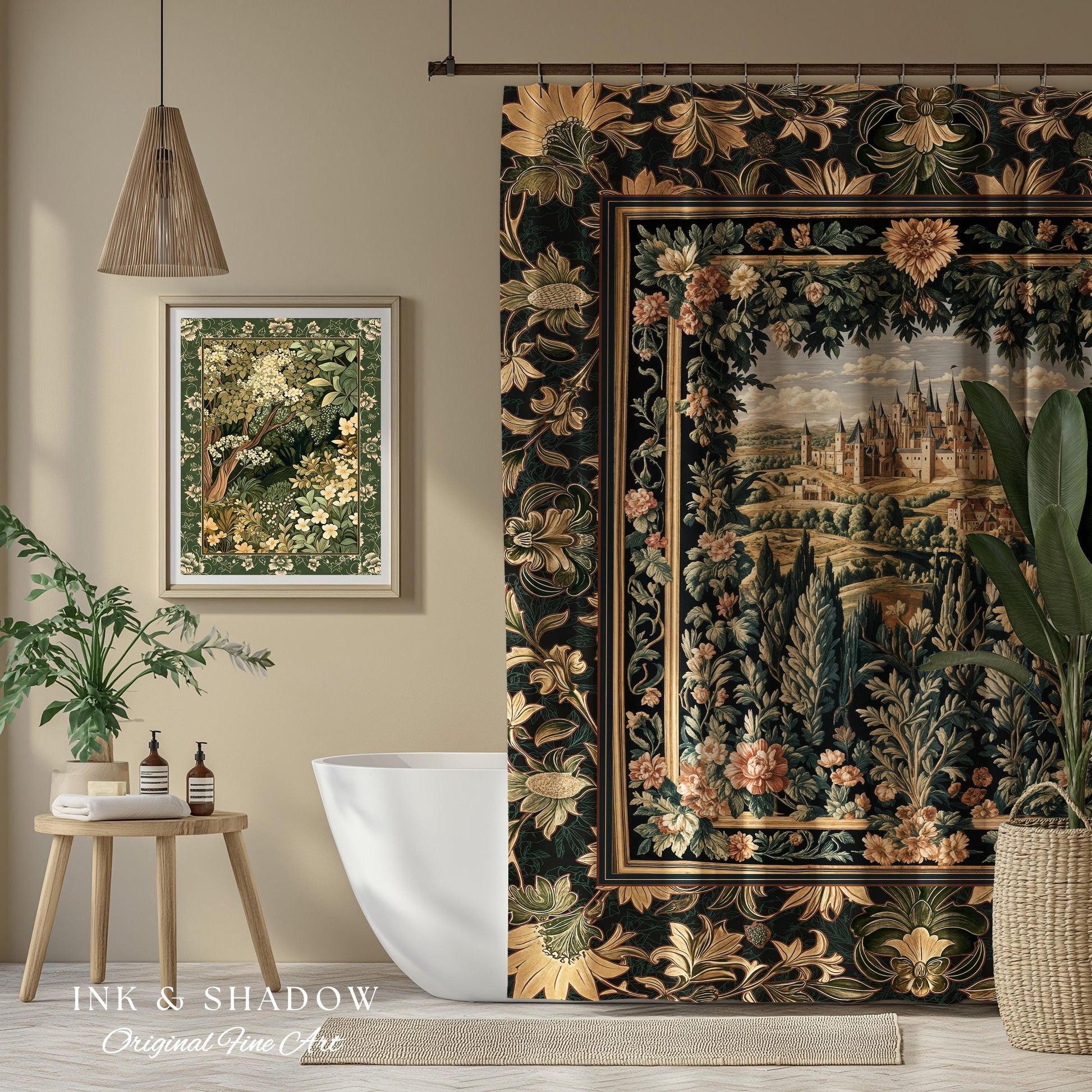 Dark Academia Victorian Royal Shower Curtain | Fantasy Bathroom Decor Woodland Princess Medieval Rustic Floral Landscape Coquette Maximalist