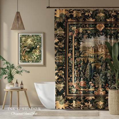 Dark Academia Victorian Royal Shower Curtain | Fantasy Bathroom Decor Woodland Princess Medieval Rustic Floral Landscape Coquette Maximalist