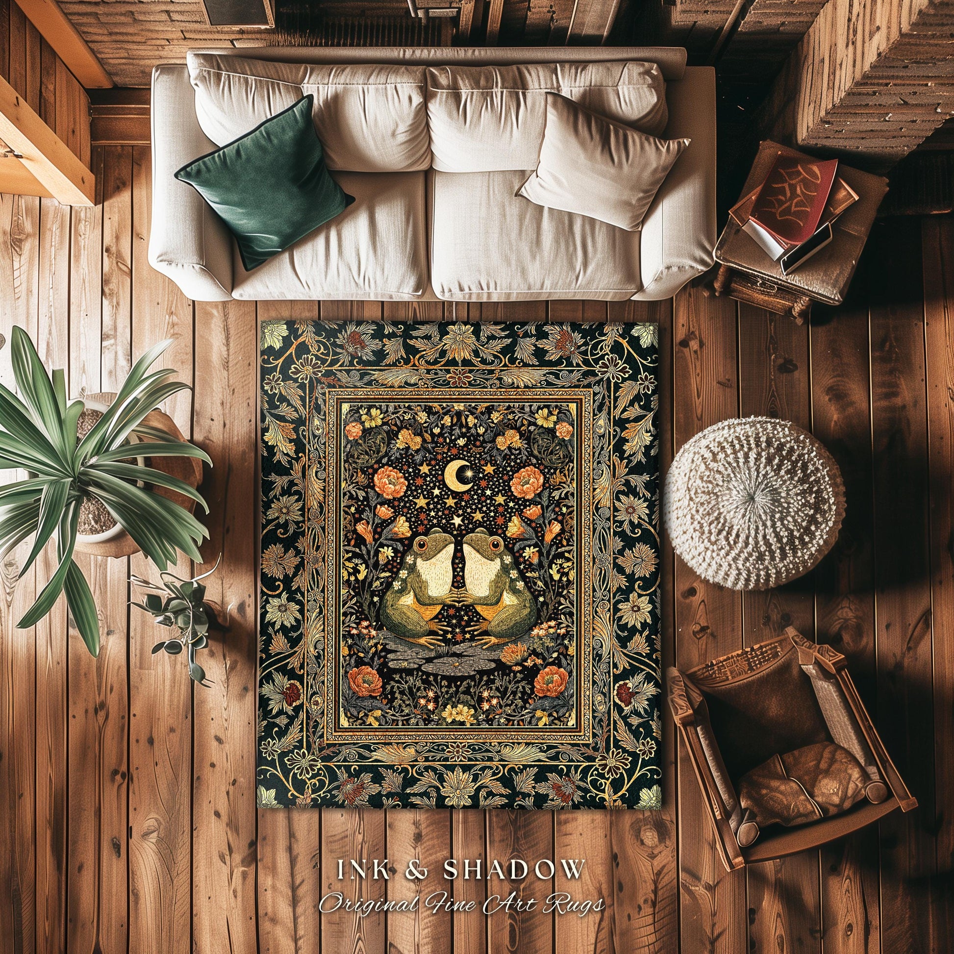 Folklore Aesthetic Frog Area Rug | Scandi Bohemian Bedroom Accent Whimsical Eclectic Woodland Theme Cute Cottagecore Style Mushroomcore Art