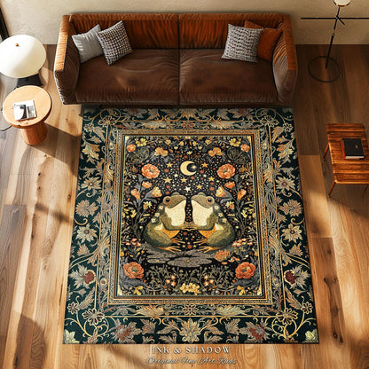 Folklore Aesthetic Frog Area Rug | Scandi Bohemian Bedroom Accent Whimsical Eclectic Woodland Theme Cute Cottagecore Style Mushroomcore Art