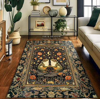 Folklore Aesthetic Frog Area Rug | Scandi Bohemian Bedroom Accent Whimsical Eclectic Woodland Theme Cute Cottagecore Style Mushroomcore Art