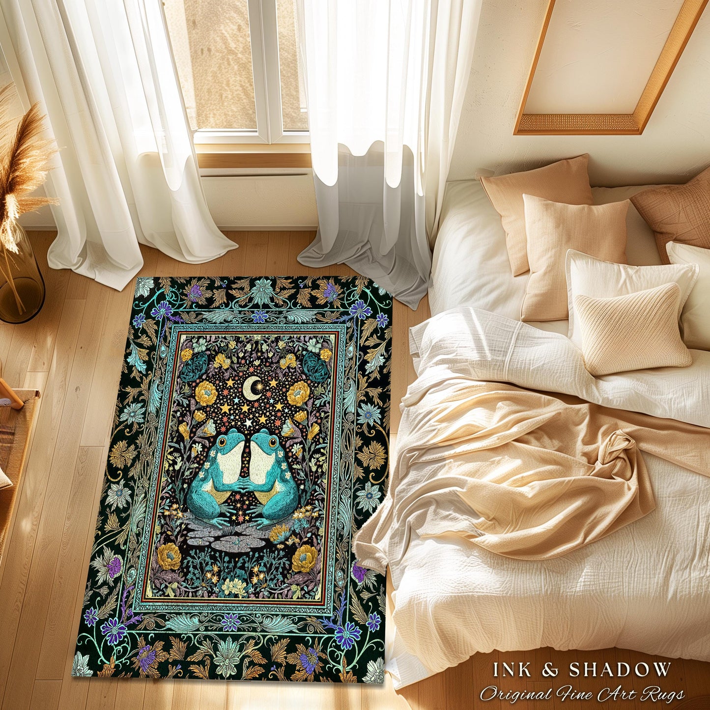 Frog and Toad Celestial Area Rug | Dark Cottagecore Whimsigoth Aesthetic Goblincore Bedroom Mystic Theme Enchanted Forest Botanical Folklore