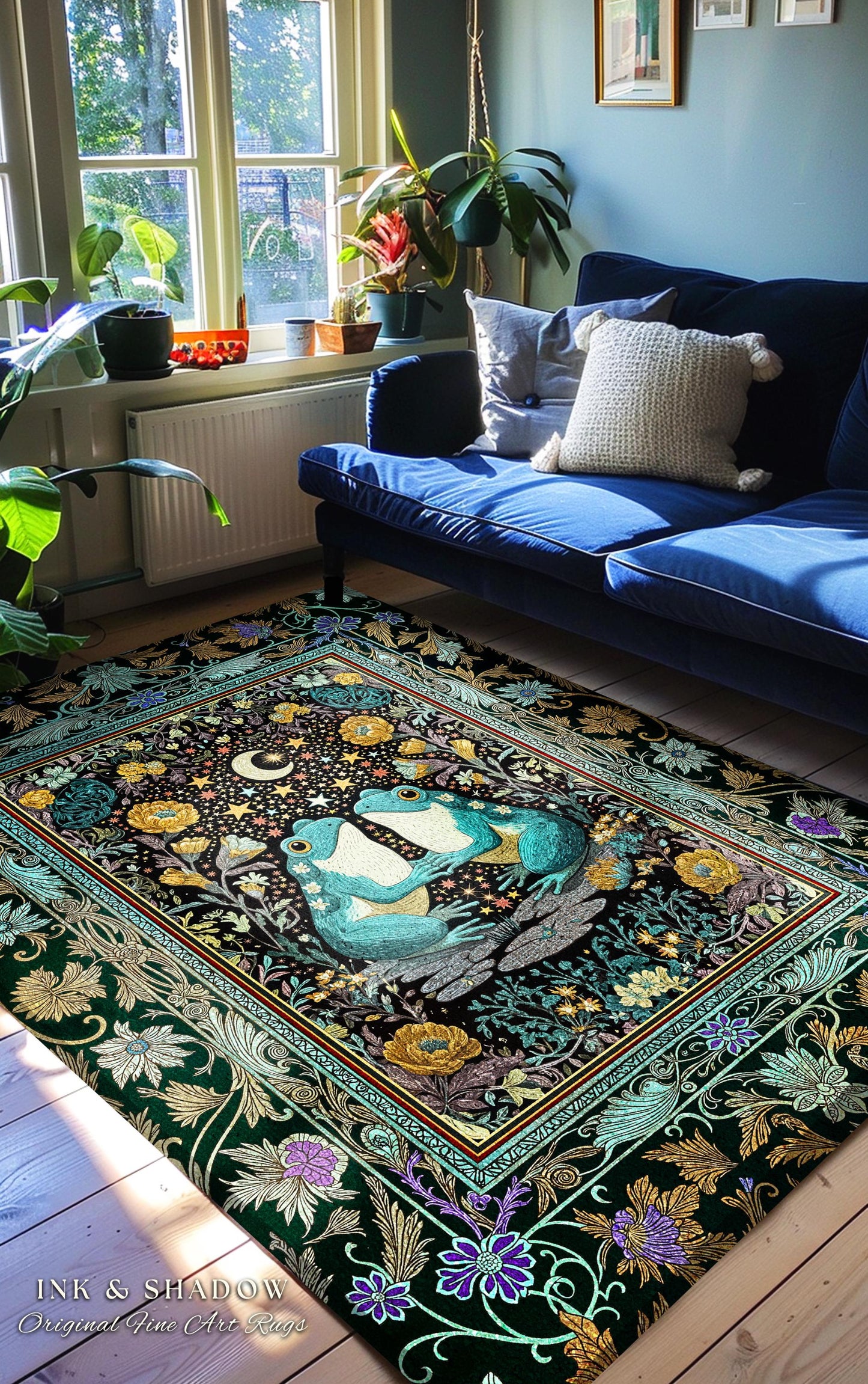 Frog and Toad Celestial Area Rug | Dark Cottagecore Whimsigoth Aesthetic Goblincore Bedroom Mystic Theme Enchanted Forest Botanical Folklore