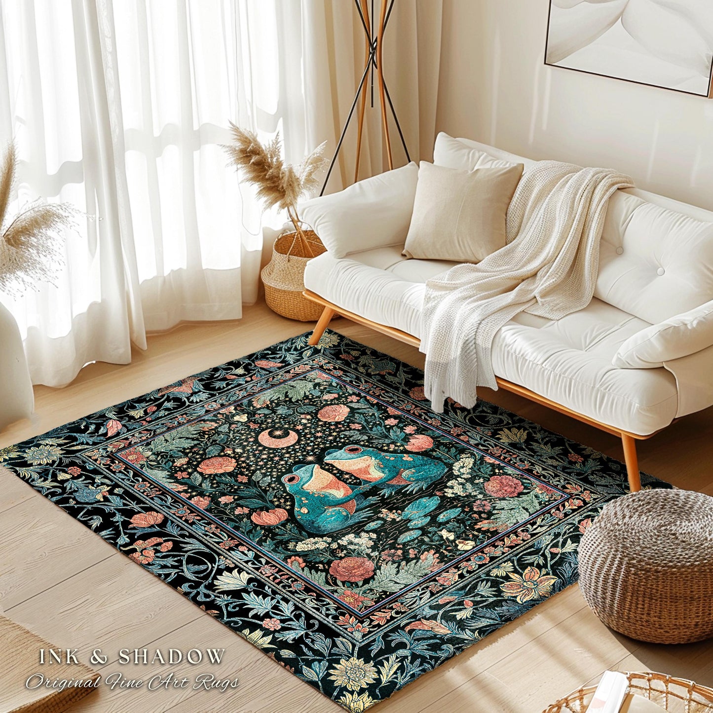 Colorful Frog Couple Floral Rug | Whimsical Bedroom Accent Woodland Fantasy Cottagecore Fairycore Aesthetic Enchanted Garden Creatures Cute