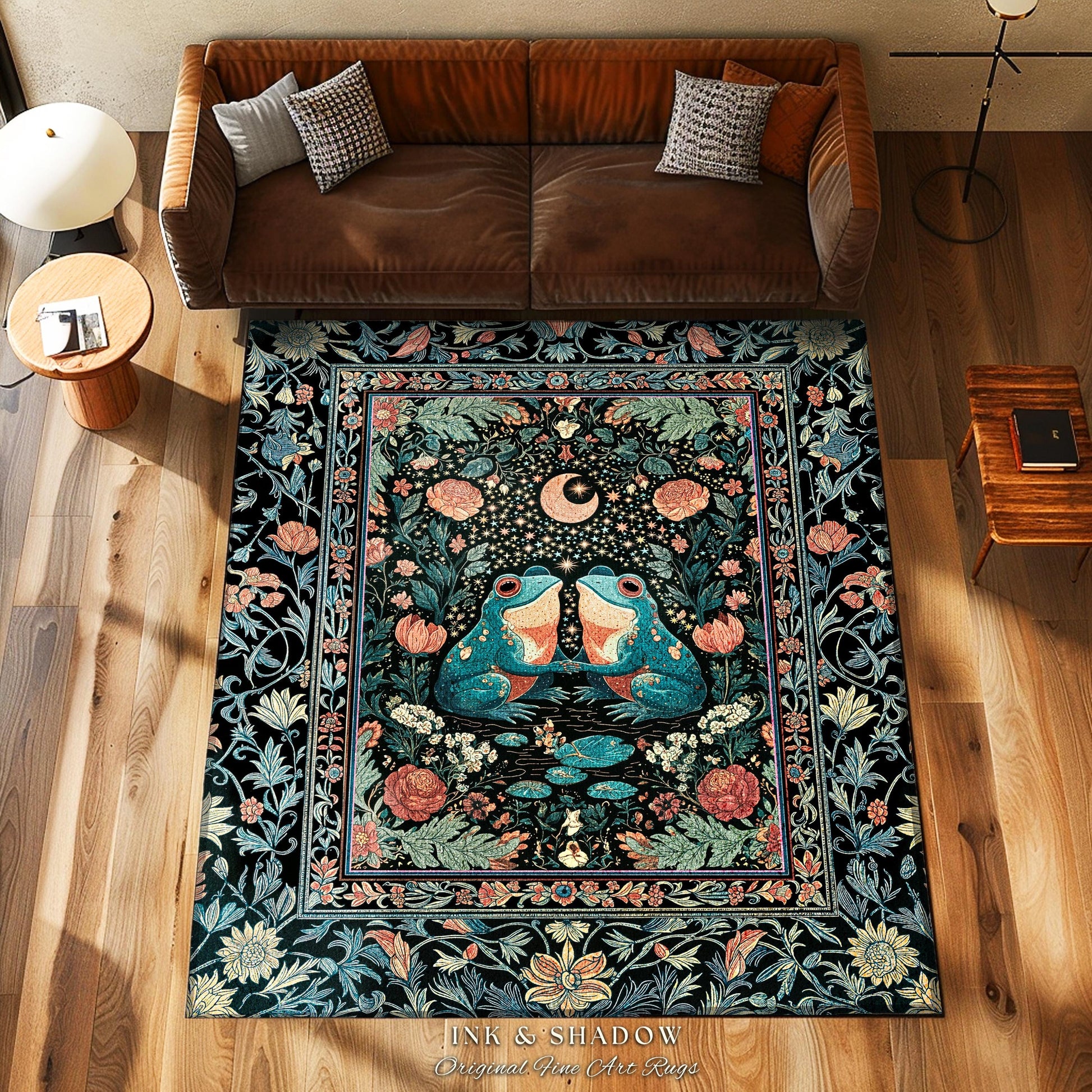Colorful Frog Couple Floral Rug | Whimsical Bedroom Accent Woodland Fantasy Cottagecore Fairycore Aesthetic Enchanted Garden Creatures Cute