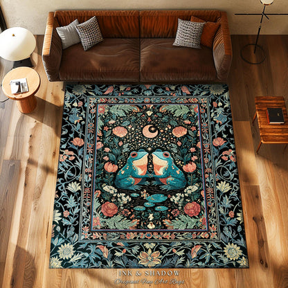 Colorful Frog Couple Floral Rug | Whimsical Bedroom Accent Woodland Fantasy Cottagecore Fairycore Aesthetic Enchanted Garden Creatures Cute
