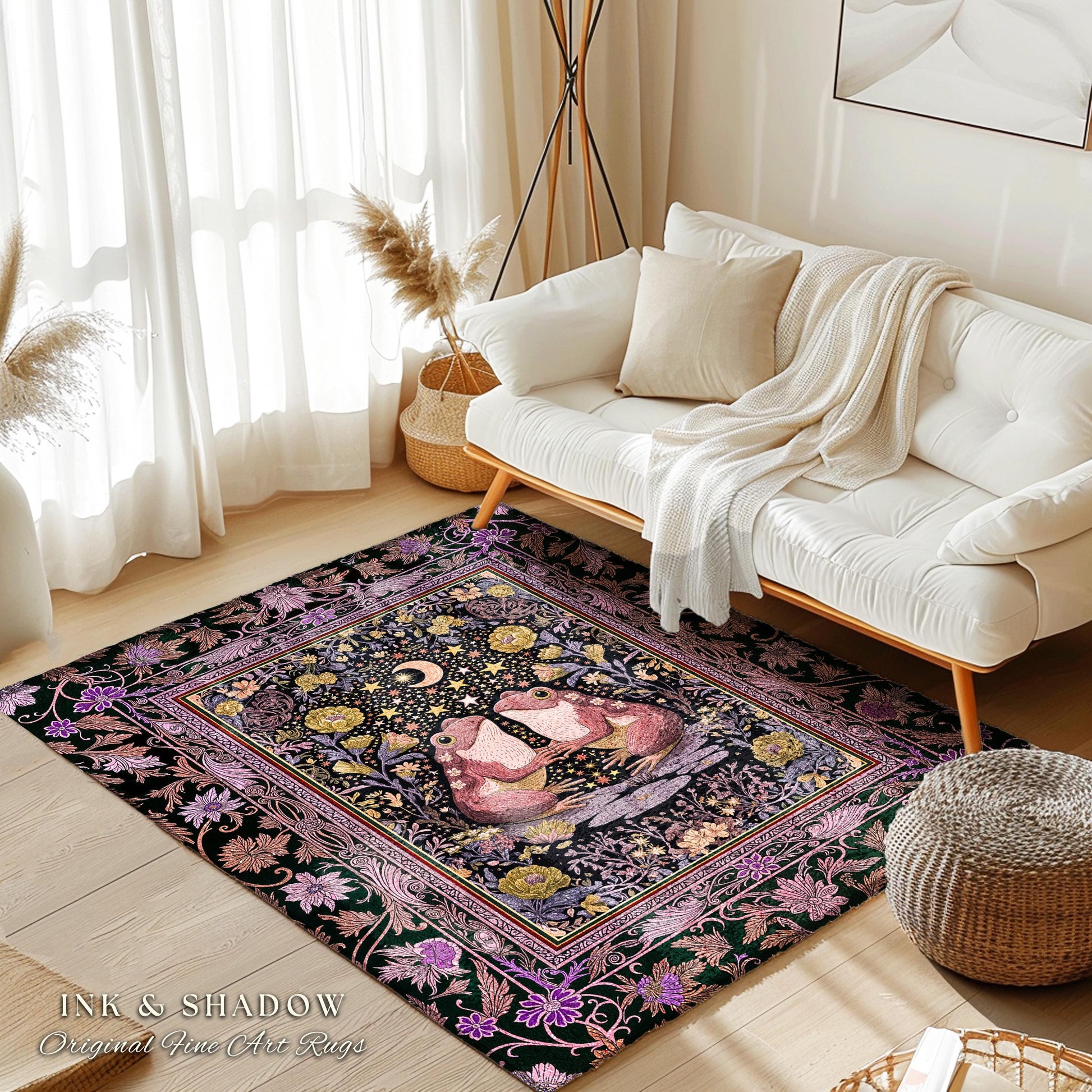 Pastel Goblincore Frog Couple Rug | Cottagecore Area Decor Whimsigothic Style Enchanted Forest Fairycore Bedroom Dark Botanical Whimsy Boho