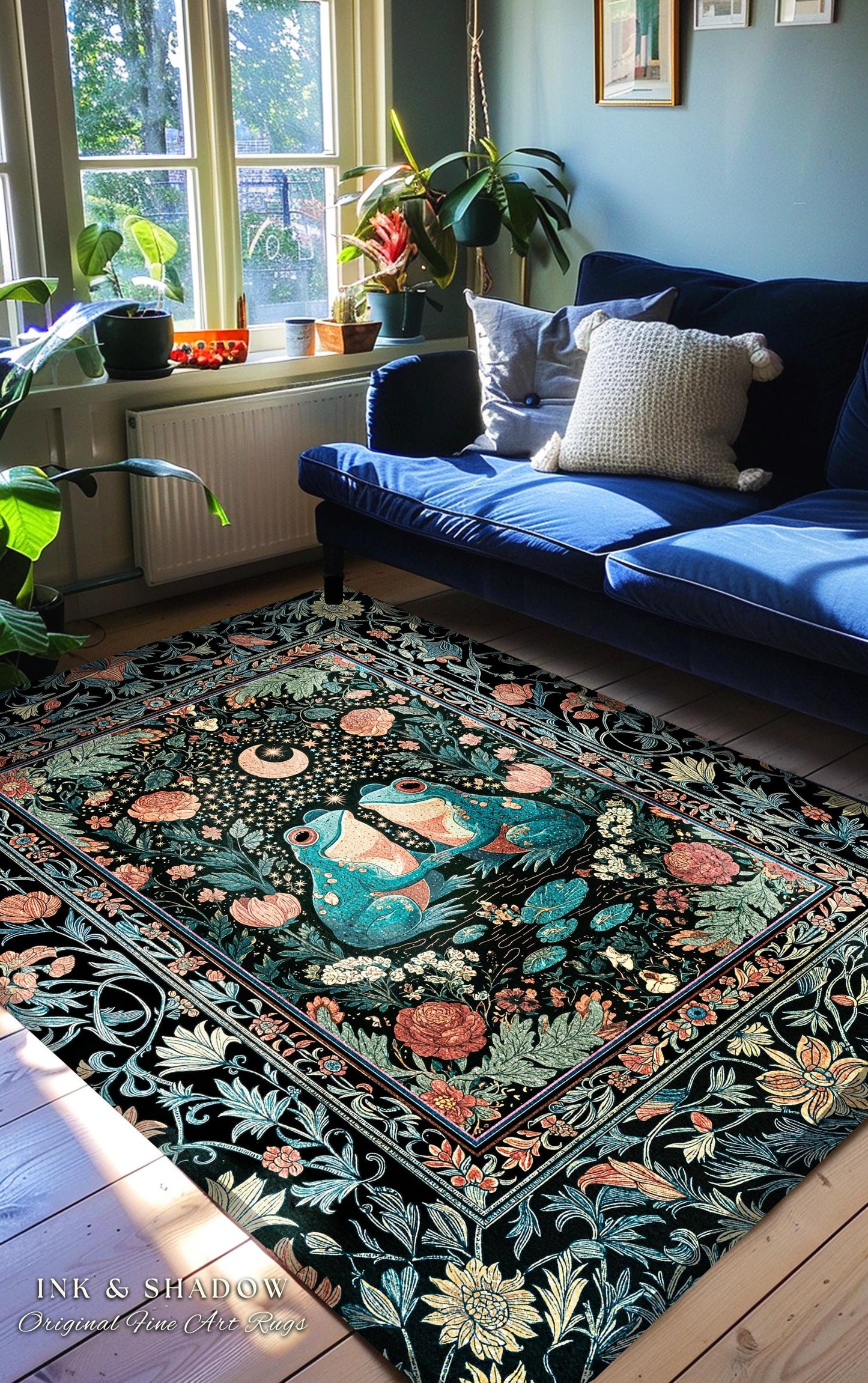 Colorful Frog Couple Floral Rug | Whimsical Bedroom Accent Woodland Fantasy Cottagecore Fairycore Aesthetic Enchanted Garden Creatures Cute