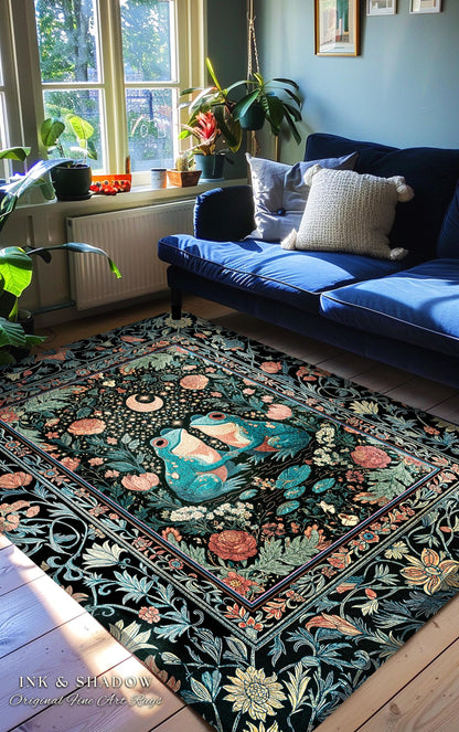 Colorful Frog Couple Floral Rug | Whimsical Bedroom Accent Woodland Fantasy Cottagecore Fairycore Aesthetic Enchanted Garden Creatures Cute