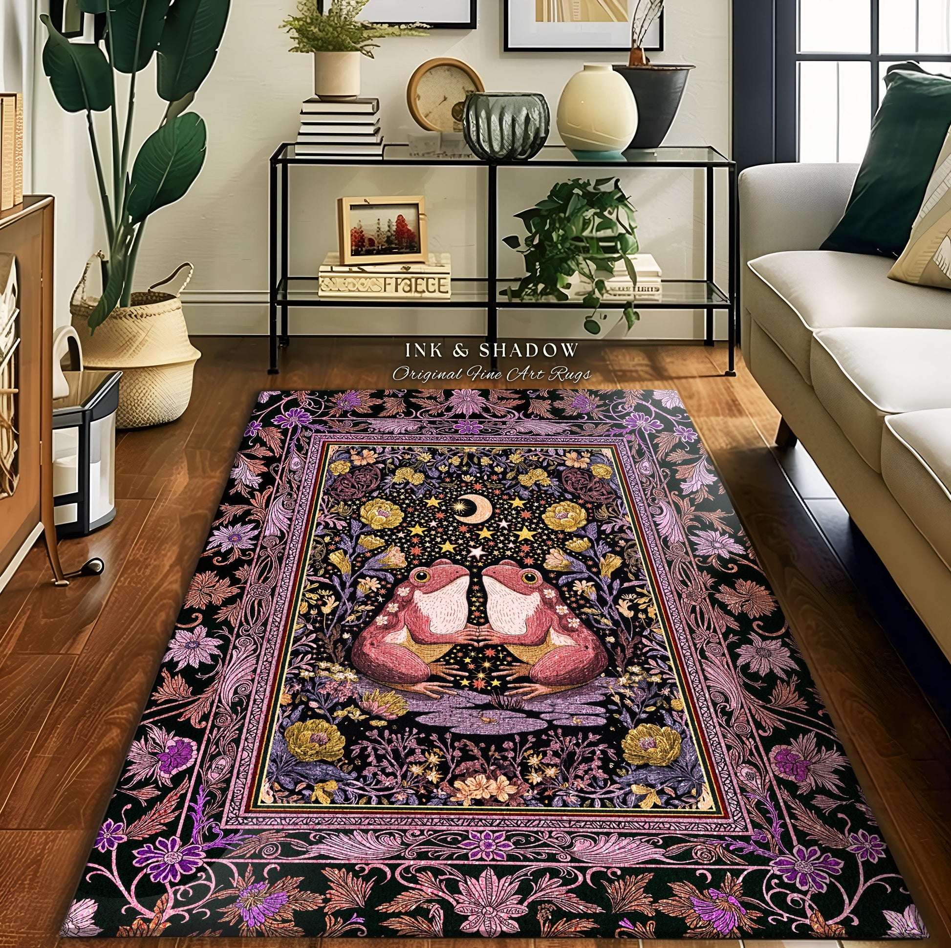 Pastel Goblincore Frog Couple Rug | Cottagecore Area Decor Whimsigothic Style Enchanted Forest Fairycore Bedroom Dark Botanical Whimsy Boho