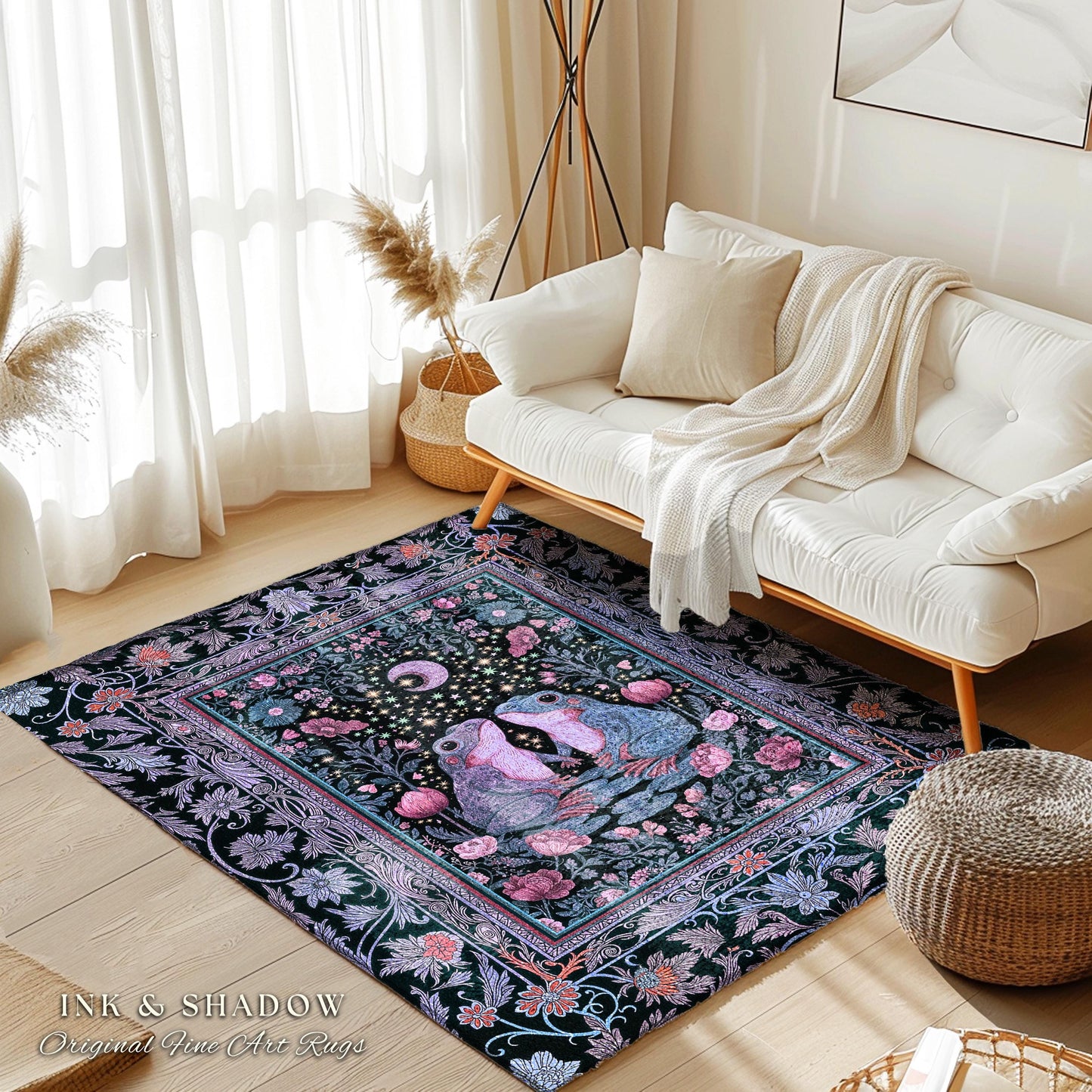 Dreamy Lavender Woodland Area Rug | Boho Fairycore Bedroom Accent Cute Frog Couple Mystic Theme Pastel Purple Decor Whimsigothic Aesthetic