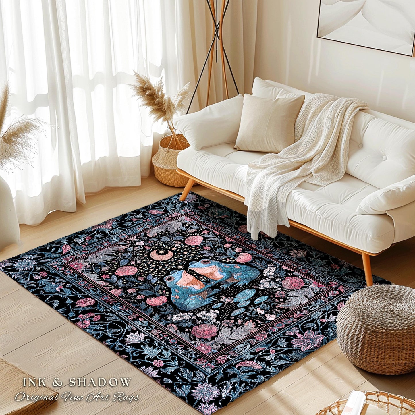 Bohemian Frogs Whimsical Accent Rug | Enchanted Woodland Forest Theme Folklore Decor Mystical Fairycore Aesthetic Whimsigoth Celestial Motif