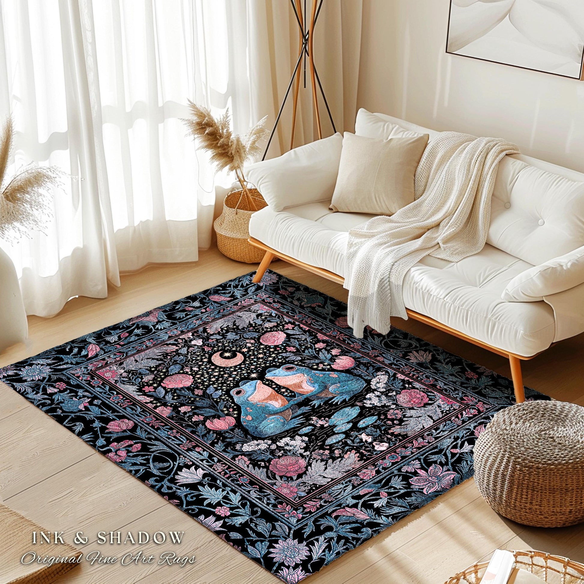Bohemian Frogs Whimsical Accent Rug | Enchanted Woodland Forest Theme Folklore Decor Mystical Fairycore Aesthetic Whimsigoth Celestial Motif
