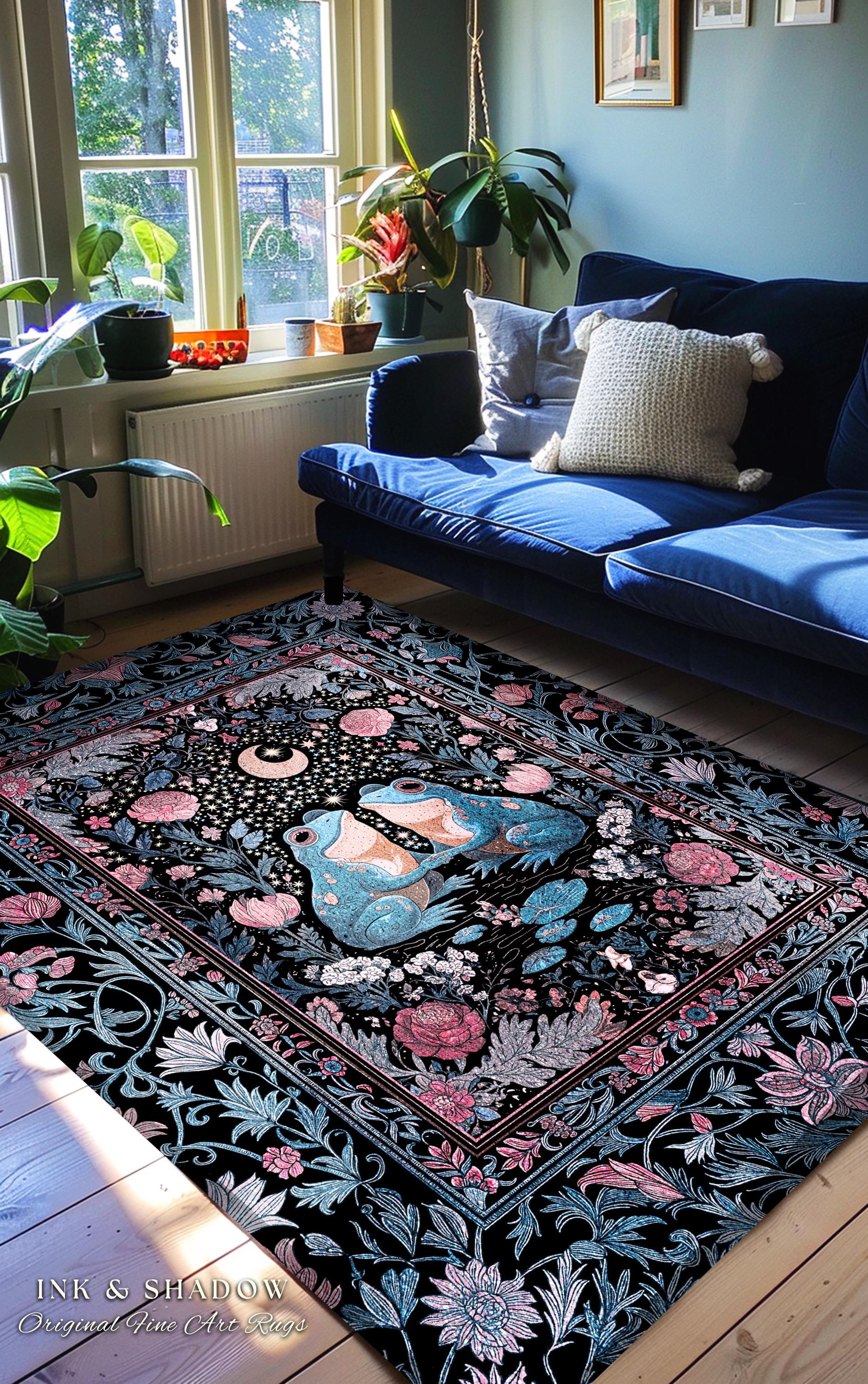 Bohemian Frogs Whimsical Accent Rug | Enchanted Woodland Forest Theme Folklore Decor Mystical Fairycore Aesthetic Whimsigoth Celestial Motif