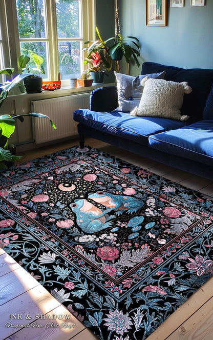 Bohemian Frogs Whimsical Accent Rug | Enchanted Woodland Forest Theme Folklore Decor Mystical Fairycore Aesthetic Whimsigoth Celestial Motif