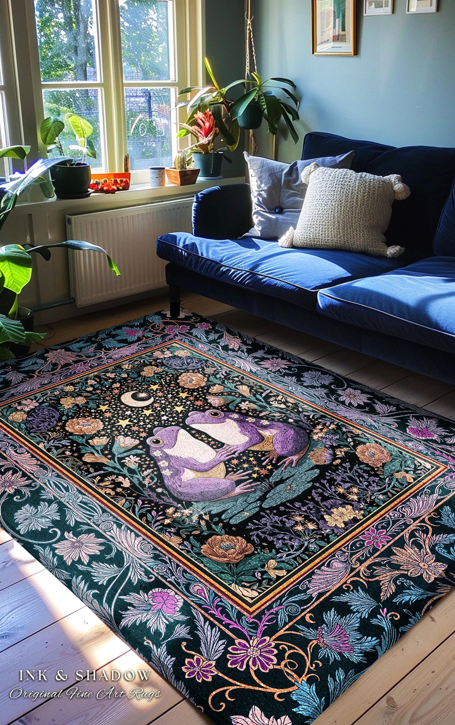 Enchanted Garden Frog Lover Accent Rug | Folklore Bedroom Area Mystical Fantasy Cottagecore Style Fairycore Decor Celestial Nature Whimsical