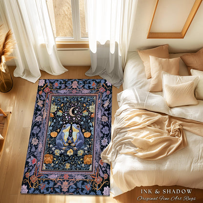 Dark Botanical Twilight Frogs Area Rug | Mystical Folklore Bedroom Whimsigoth Aesthetic Cottagecore Fairycore Creatures Bohemian Celestial |