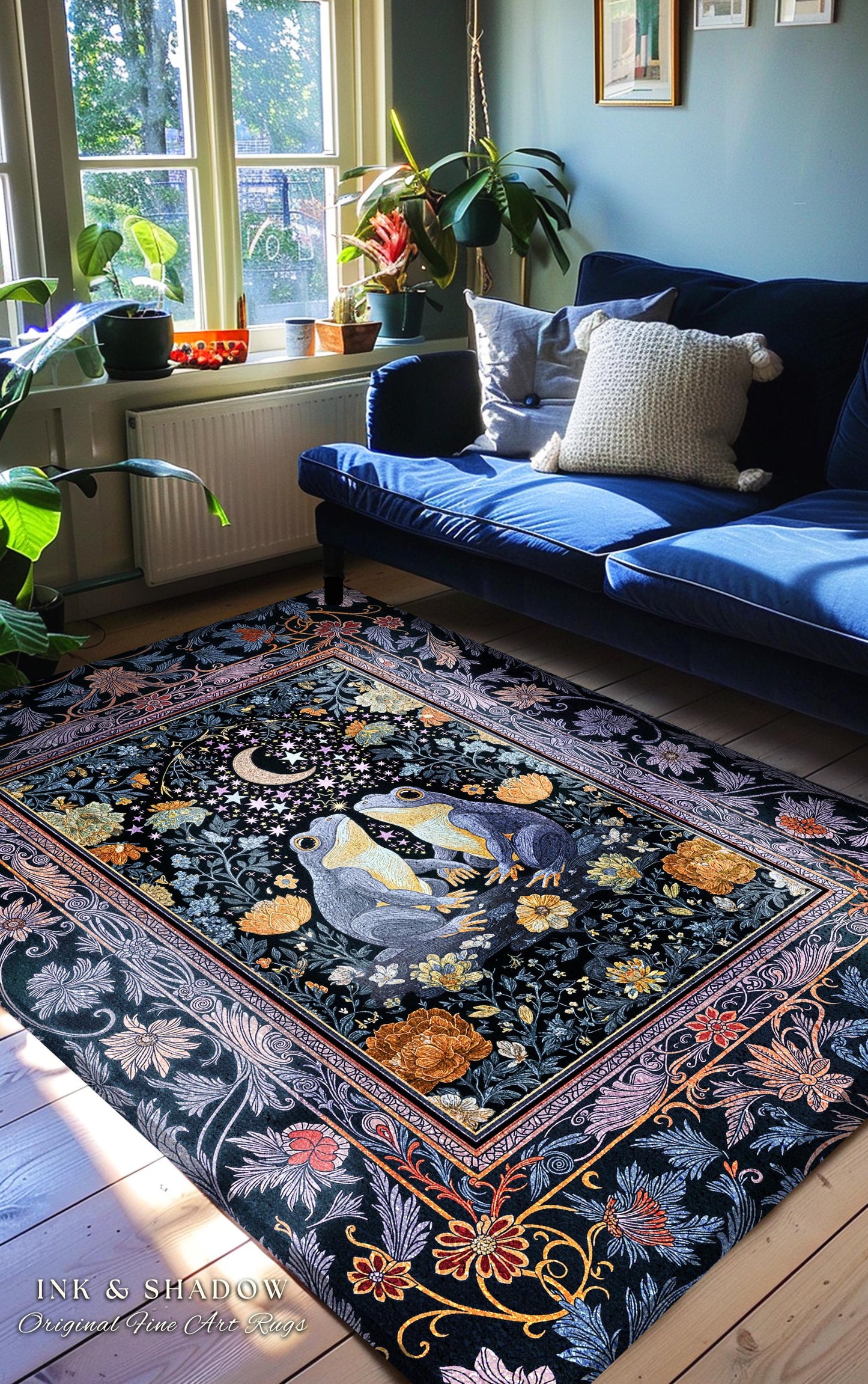 Dark Botanical Twilight Frogs Area Rug | Mystical Folklore Bedroom Whimsigoth Aesthetic Cottagecore Fairycore Creatures Bohemian Celestial |