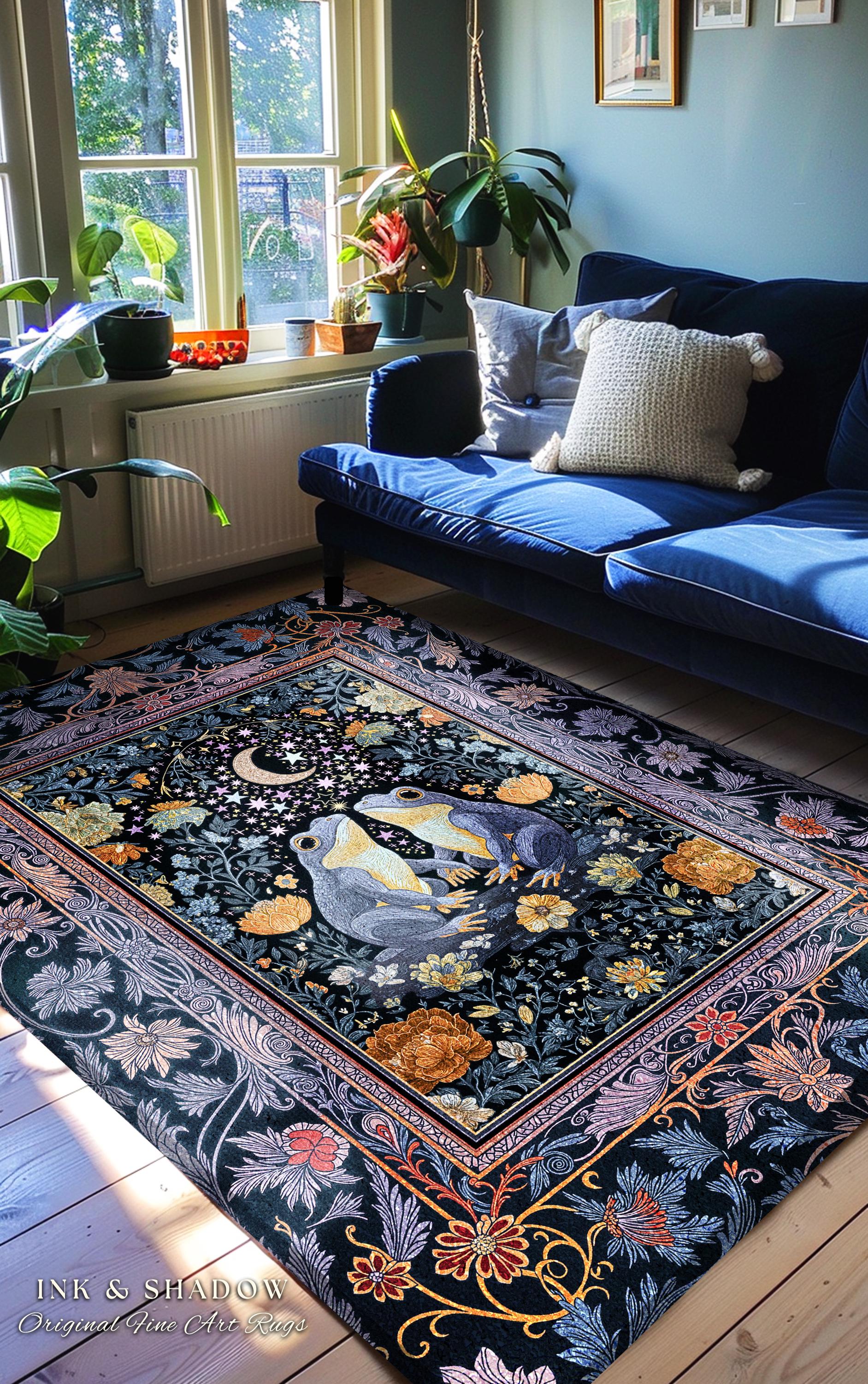 Dark Botanical Twilight Frogs Area Rug | Mystical Folklore Bedroom Whimsigoth Aesthetic Cottagecore Fairycore Creatures Bohemian Celestial |