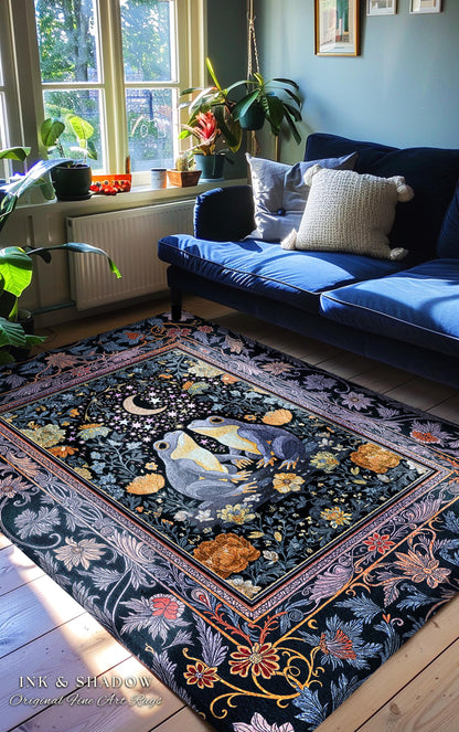 Dark Botanical Twilight Frogs Area Rug | Mystical Folklore Bedroom Whimsigoth Aesthetic Cottagecore Fairycore Creatures Bohemian Celestial |