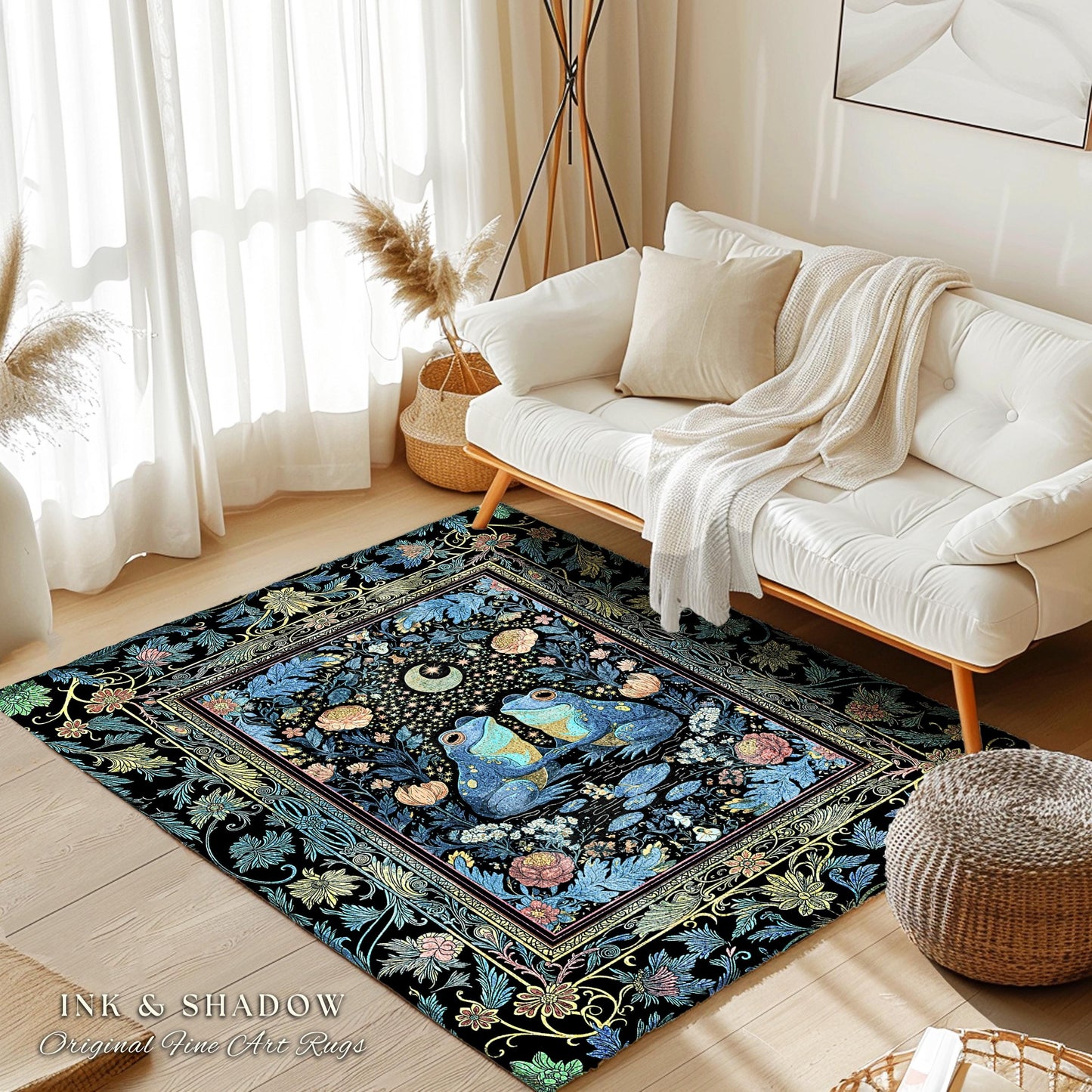 Blue Moon Frog Lovers Bedroom Accent | Whimsigoth Area Rug Enchanted Garden Decor Goblincore Whimsy Fairycore Style Mystical Cottagecore |