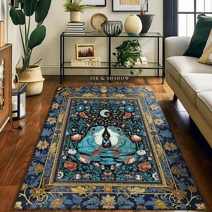 Witchy Whimsical Frog Lovers Rug | Enchanted Bedroom Mystical Cottagecore Style Fairycore Woodland Romance Goblincore Moody Botanical Style