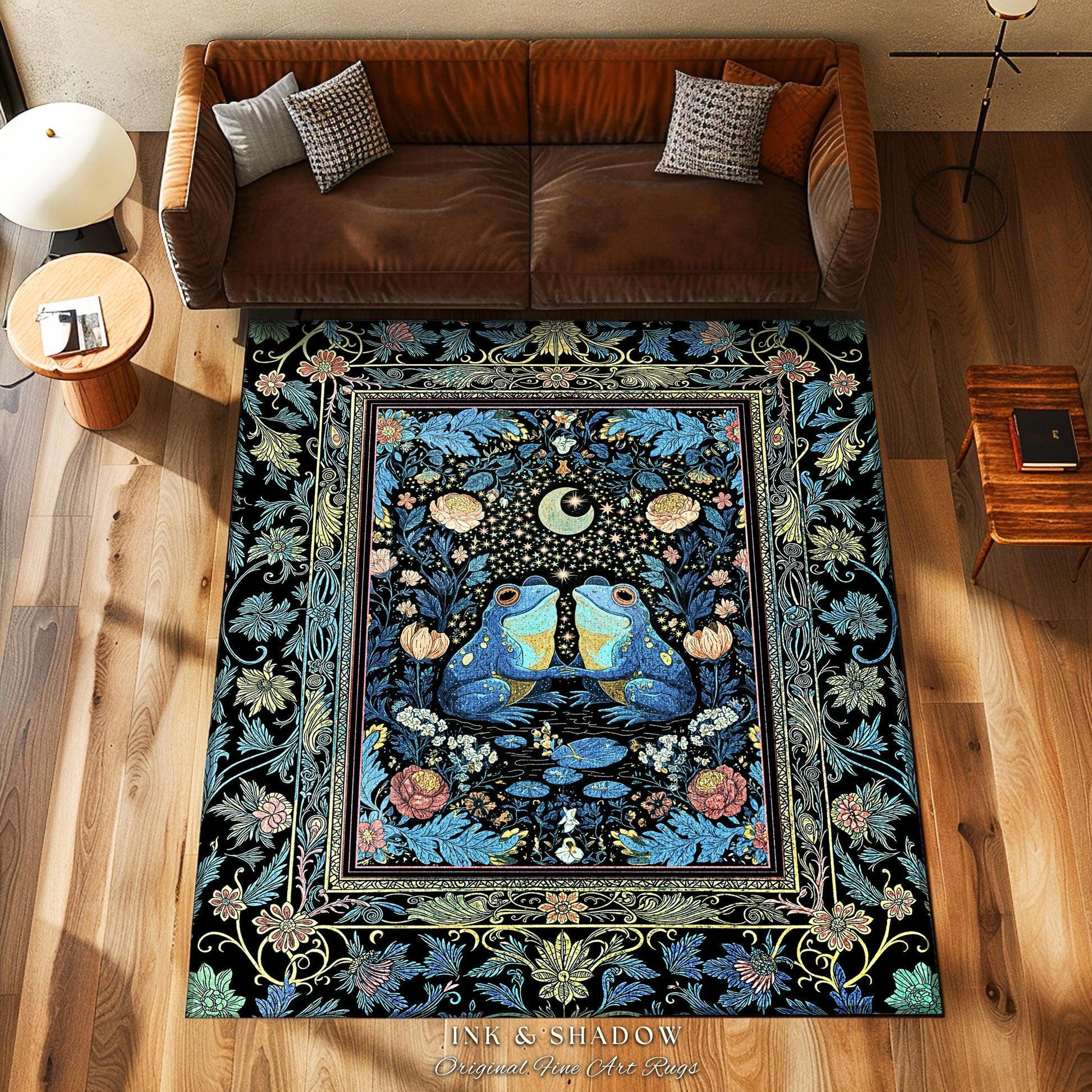 Blue Moon Frog Lovers Bedroom Accent | Whimsigoth Area Rug Enchanted Garden Decor Goblincore Whimsy Fairycore Style Mystical Cottagecore |