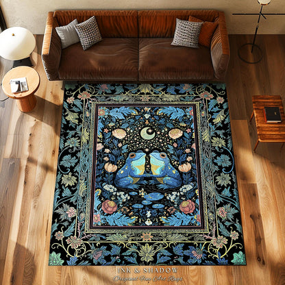 Blue Moon Frog Lovers Bedroom Accent | Whimsigoth Area Rug Enchanted Garden Decor Goblincore Whimsy Fairycore Style Mystical Cottagecore |