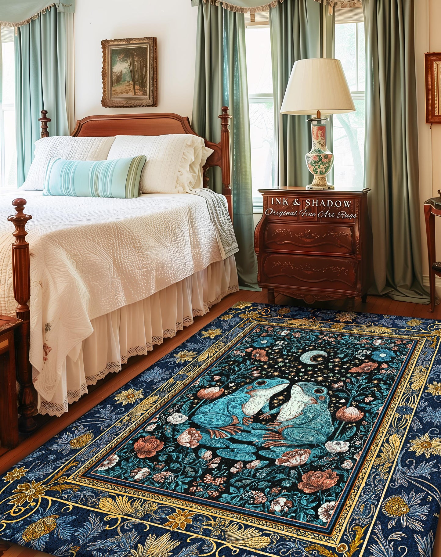 Witchy Whimsical Frog Lovers Rug | Enchanted Bedroom Mystical Cottagecore Style Fairycore Woodland Romance Goblincore Moody Botanical Style