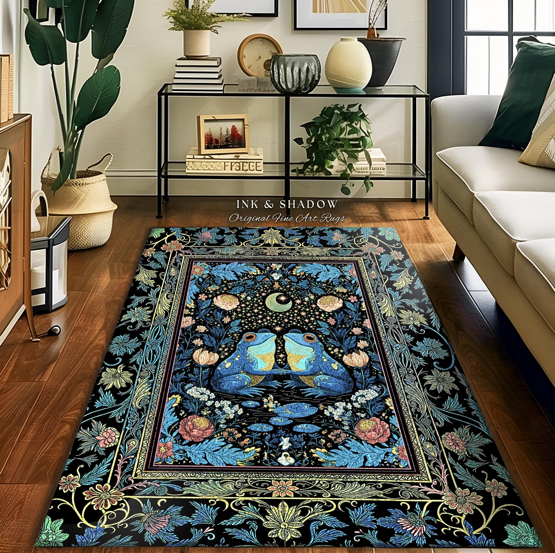 Blue Moon Frog Lovers Bedroom Accent | Whimsigoth Area Rug Enchanted Garden Decor Goblincore Whimsy Fairycore Style Mystical Cottagecore |